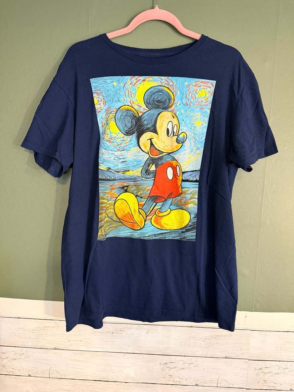 Disney Mickey Mouse Starry Night Van Gogh Graphic T-Shirt Navy‎ Blue Large